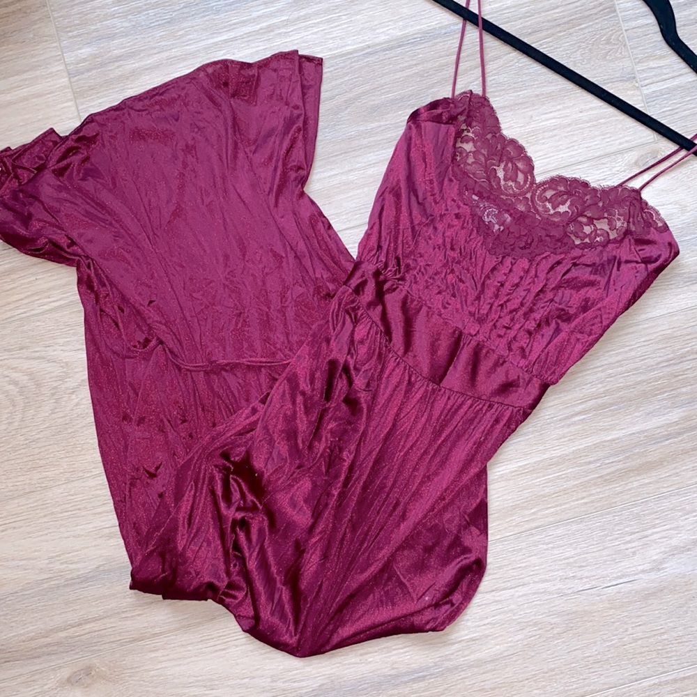 Lily of France vintage burgundy nightgown and matching robe set
